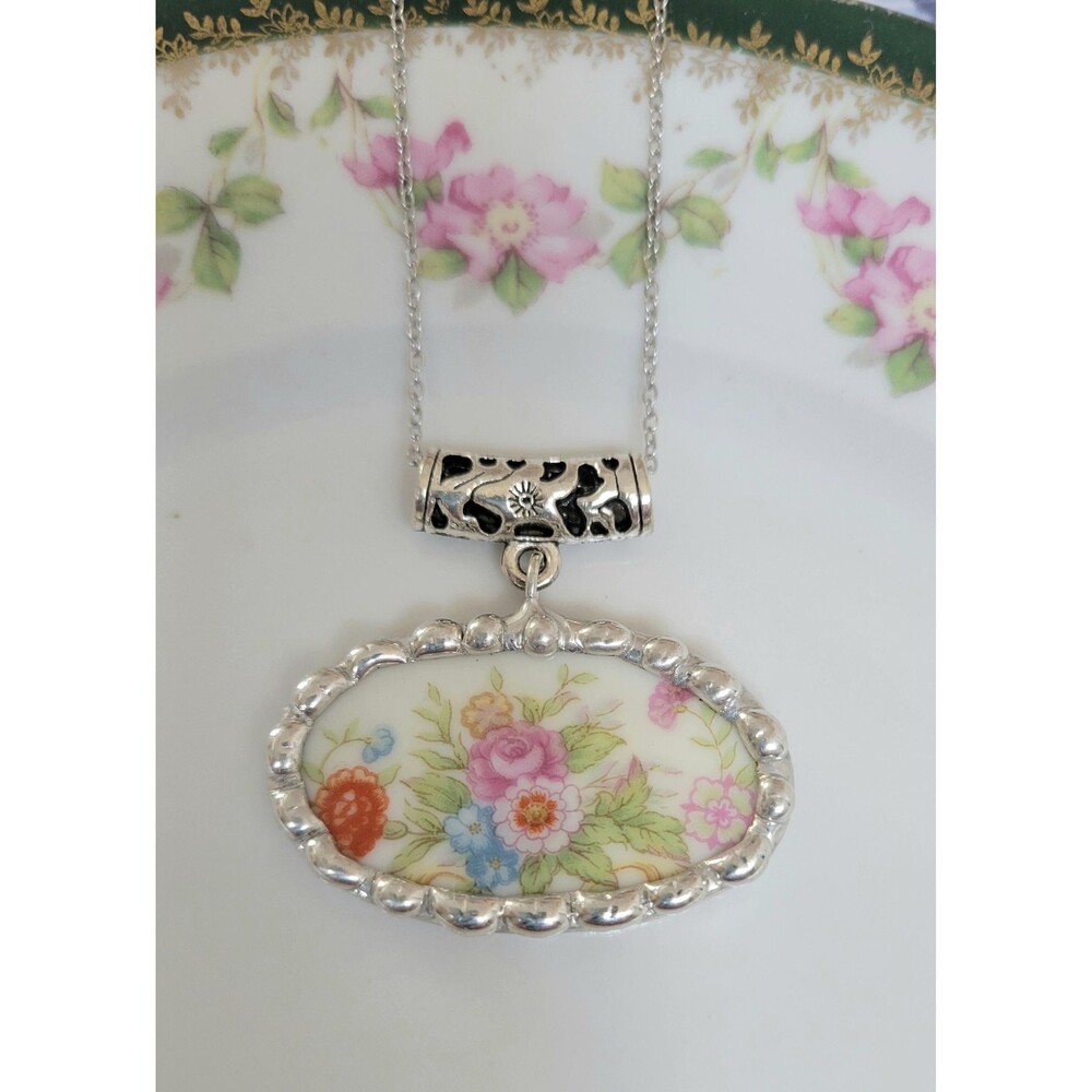 Vintage Broken China Necklace Pendant Floral Chintz Handcrafted Upcycled Jewelry
